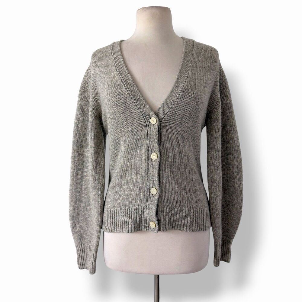 Theory Oatmeal Wool Cashmere V-neck Sculpted Sleeve Knit Cardigan Sweater Medium